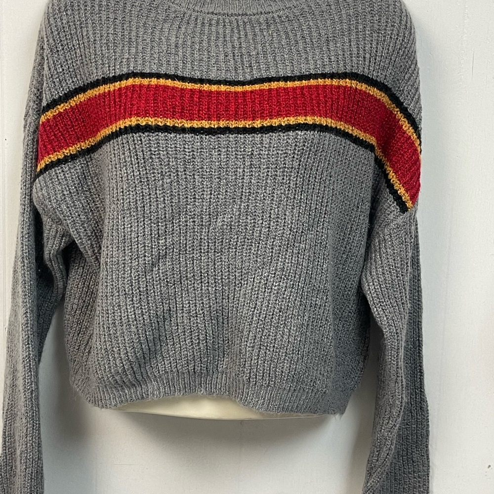 Gray Sweater with Red and Yellow Stripes